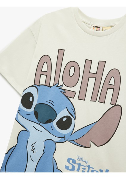 Lisanslı Stitch Baskılı Kısa Kollu Bisiklet Yaka Pamuklu Tişört