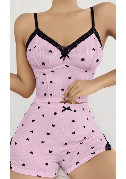Kadın Pembe Kalp Desenli Askılı Şortlu Pijama Takım