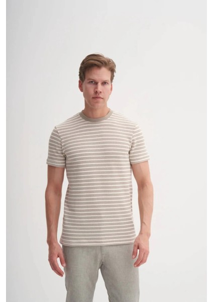 Bisiklet Yaka Slim Fit Jakarlı Çizgi Desenli Tişört