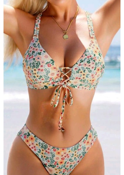 Önden Baglama Detaylı Yüksek Bel Bikini Takımı