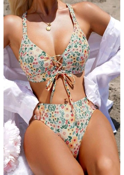 Önden Baglama Detaylı Yüksek Bel Bikini Takımı