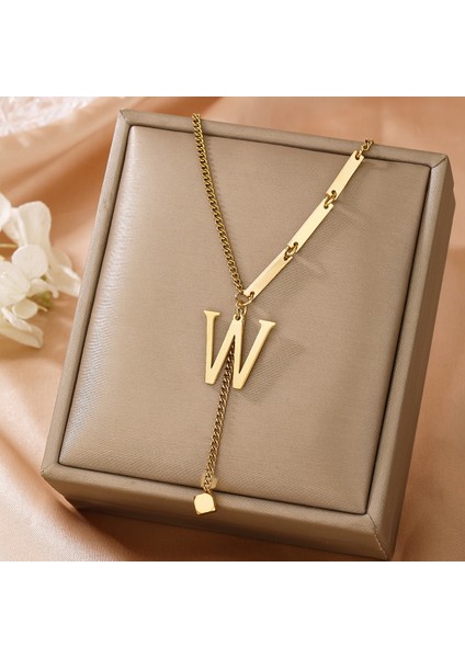 Solmayan Titanyum Çelik Monogram Kolye Küçük Kare Püskül Kolye Ucu Altın Köprücük Kemiği Zinciri (Yurt Dışından)