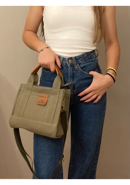 El ve Omuz Çantası Kanvas Tote Bag Haki