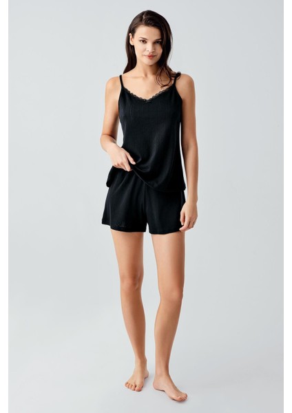 Ajurlu Askılı Esnek Pamuklu Şort Pijama Takım 17208