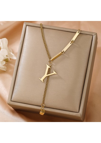 Solmayan Titanyum Çelik Monogram Kolye Küçük Kare Püskül Kolye Ucu Altın Köprücük Kemiği Zinciri (Yurt Dışından)