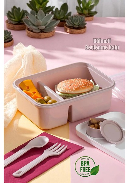 Kendinden Kaşık Çatallı Sosluklu Bölmeli Beslenme Kabı - Taşınabilir Lunch Box Soft