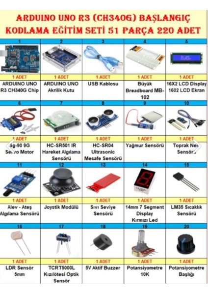 Arduino Uno R3 (CH340G) Başlangıç ve Kodlama Eğitim Seti