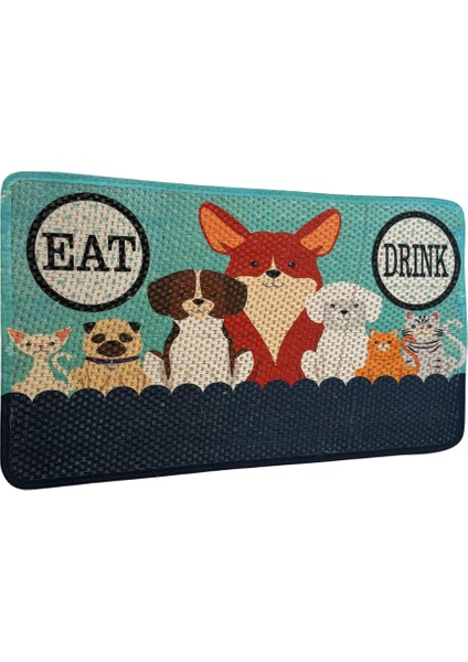 Mama Kabı Altı Kedi Köpek Desenli Turkuaz Kaydırmaz Paspas 43X70 cm