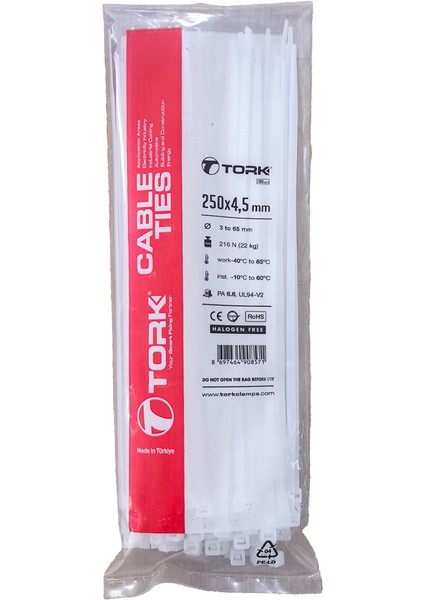 Plastik Cırt Kelepçe Kablo Bağı 4,5x250 Beyaz 100 Adet