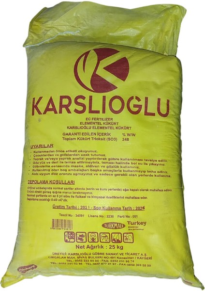 Karslıoğlu Elementer Kükürt 5 kg Paketten Bölünüp Yollanmaktadır