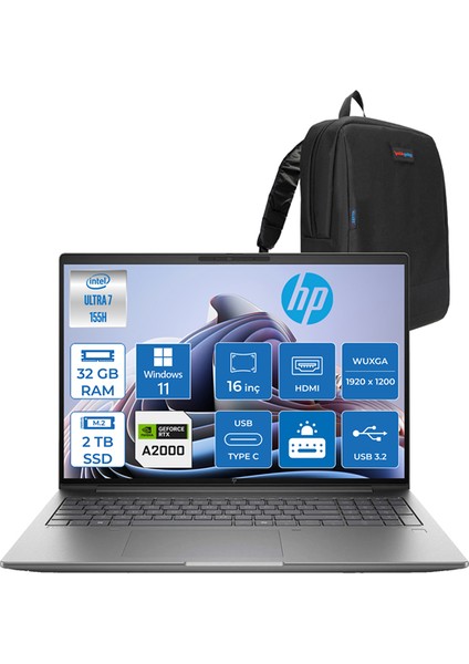 Zbook Power G11 Ultra 7 155H 32 GB Ddr5 2tb SSD 8 GB/RTXA2000 16" Wuxga IPS Windows 11 Pro Yapay Zeka Destekli Mobil Iş Istasyonu 8T0U3EAP01 + Zettaçanta