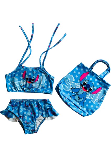 Kız Çocuk Stitch Desenli Çantalı Bikini Takımı