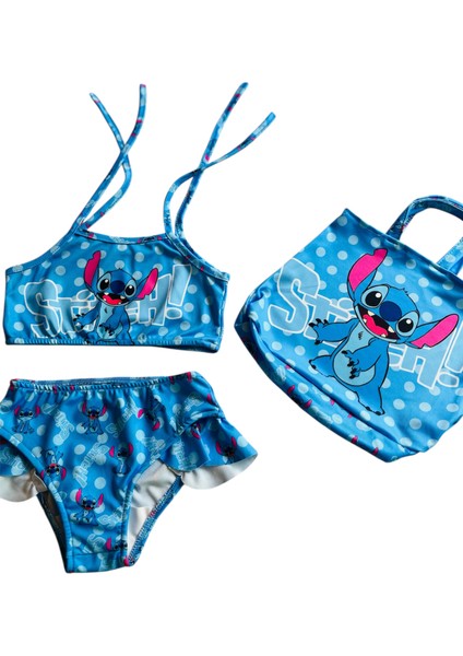 Kız Çocuk Stitch Desenli Çantalı Bikini Takımı