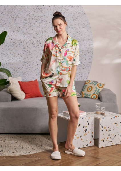 Saten Kısa Kollu Gecelik Jungle Desen Alt Üst Takım