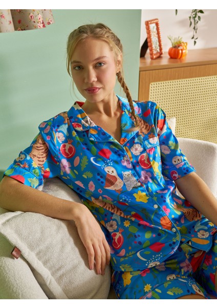 Saten Kısa Kollu Gecelik Florus Desen Alt Üst Takım modelleri