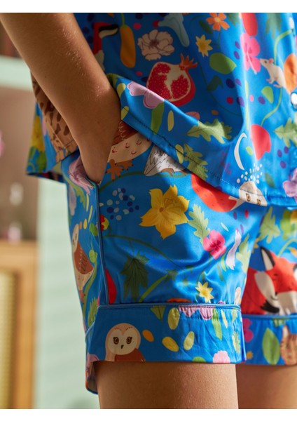 Saten Kısa Kollu Gecelik Florus Desen Alt Üst Takım fırsatları