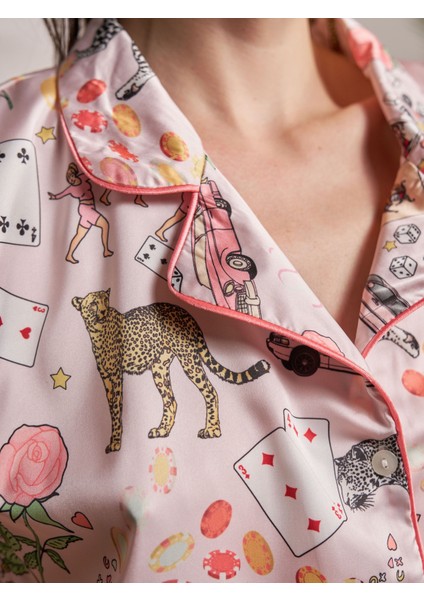 Saten Kısa Kollu Gecelik Vegas Desen Alt Üst Takım modelleri