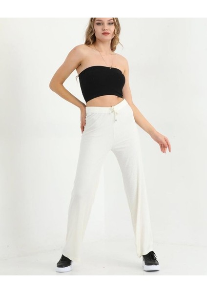Kadın Beyaz Fitilli Bol Paça Beli Lastikli ve Bağcıklı Pantolon