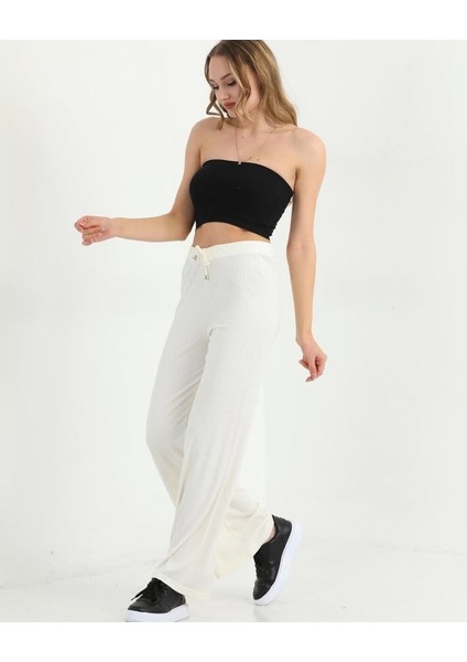 Kadın Beyaz Fitilli Bol Paça Beli Lastikli ve Bağcıklı Pantolon fiyatları