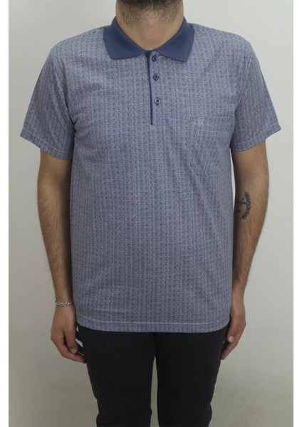 Fistan Store Erkek Indigo Desenli Klasik Kesim Rahat Kalıp Tek Cepli Polo Yaka Tişört