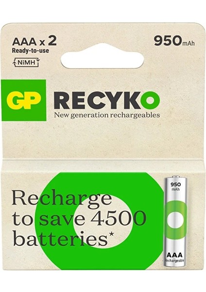 Recyko 1000 Aaa Ince Kalem Ni-Mh Şarjlı Pil 1.2 Volt 2li Kart