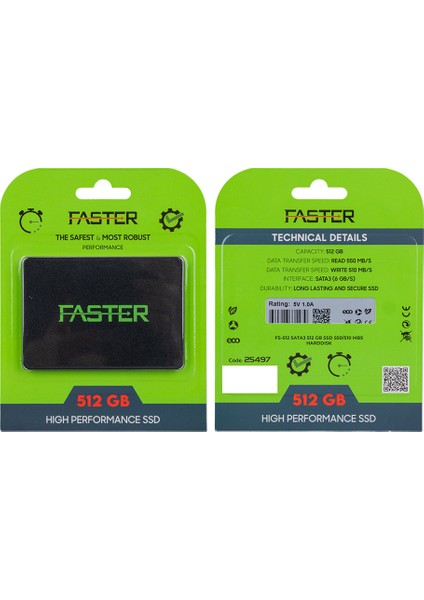 Faster FS-512 Sata3 512 GB SSD 550/510 Mb/s Uzun Ömürlü Harddisk (4172)