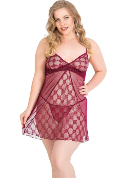 Aria's Closet Büyük Beden Bordo Kısa Tül Gecelik
