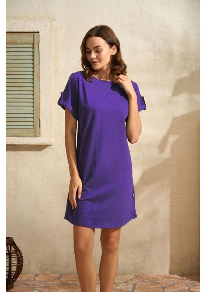 Aria's Closet Günlük Kısa Kol Bisiklet Yaka Cotton Düz Yazlık Kısa Mor Pijama Takımı