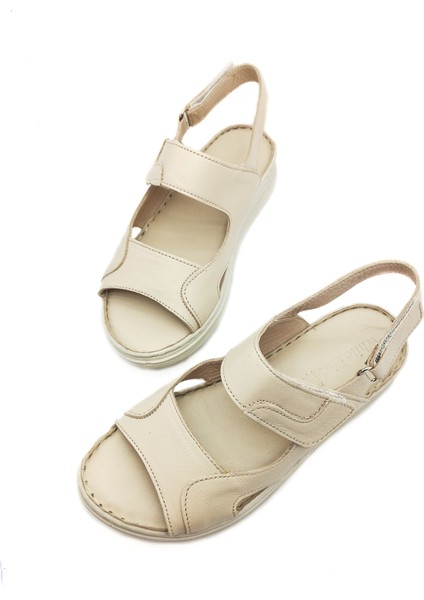 Hakiki Deri Bej Renk Bantlı Düz Taban Kadın Sandalet