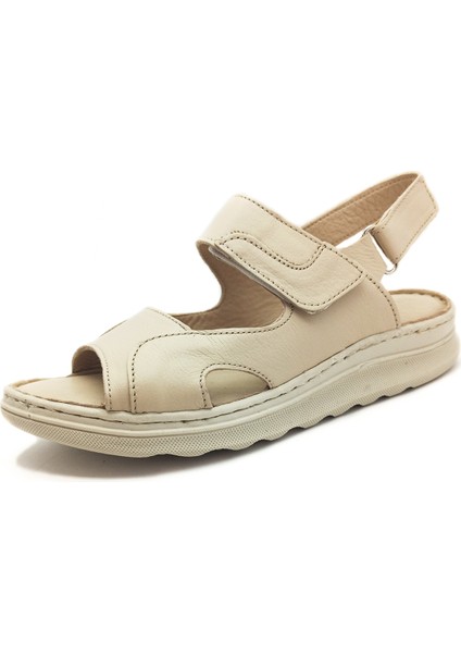 Hakiki Deri Bej Renk Bantlı Düz Taban Kadın Sandalet fiyatları