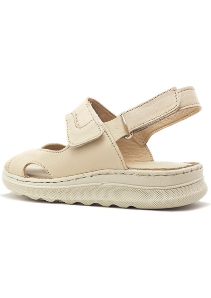 Hakiki Deri Bej Renk Bantlı Düz Taban Kadın Sandalet fırsatları