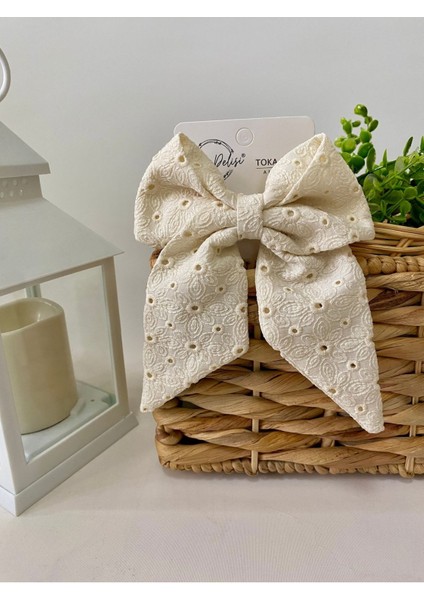 Fisto El Yapımı Krem Yoğun Desenli Otomatik Fiyonk Toka Özel Tasarım, Kına Nikah Kadin Toka