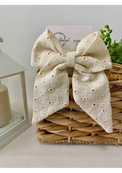 Fisto El Yapımı Krem Yoğun Desenli Otomatik Fiyonk Toka Özel Tasarım, Kına Nikah Kadin Toka fiyatları