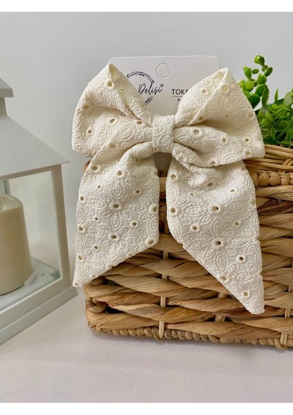 Fisto El Yapımı Krem Yoğun Desenli Otomatik Fiyonk Toka Özel Tasarım, Kına Nikah Kadin Toka modelleri