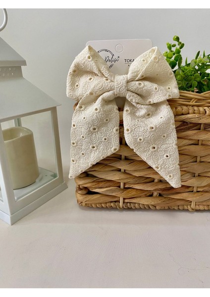 Fisto El Yapımı Krem Yoğun Desenli Otomatik Fiyonk Toka Özel Tasarım, Kına Nikah Kadin Toka fırsatları