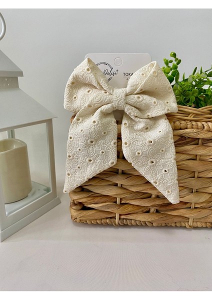 Fisto El Yapımı Krem Yoğun Desenli Otomatik Fiyonk Toka Özel Tasarım, Kına Nikah Kadin Toka indirimleri