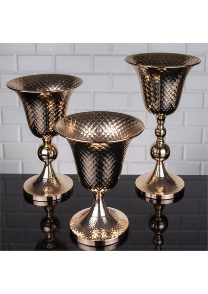 Lüks Vazo Seti 3 Lü Dövme Vazo Altın Rengi 38-32-25 cm