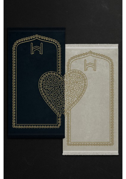 Kalpli Eşli Çift / Gelin Damat Bohçası Çeyizlik Seccade Dokuma Pamuk Taban Siyah-Krem 80X120 Saçaklı