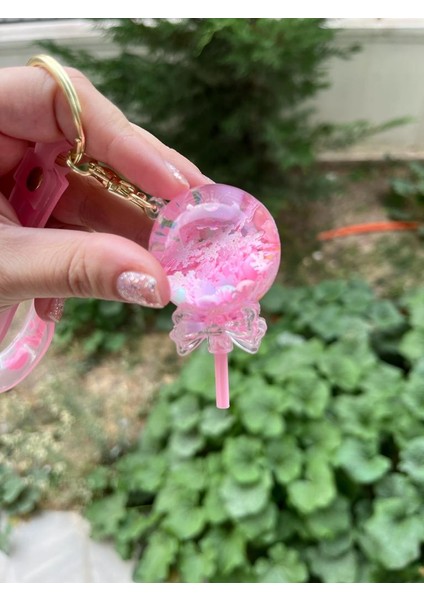 Lolipop Figürlü Pembe Sulu Simli Çanta Süsü ve Anahtarlık