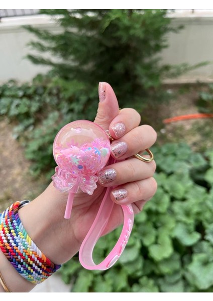 Lolipop Figürlü Pembe Sulu Simli Çanta Süsü ve Anahtarlık