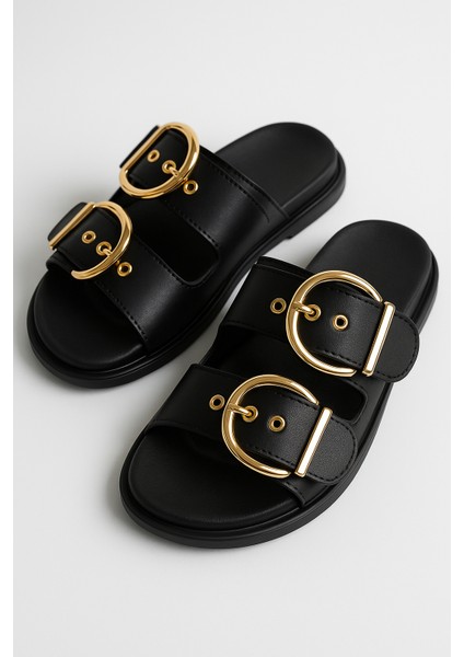 Altın Toka Detaylı Rahat Kalın Taban Yazlık Kadın Terlik Şık Konforlu