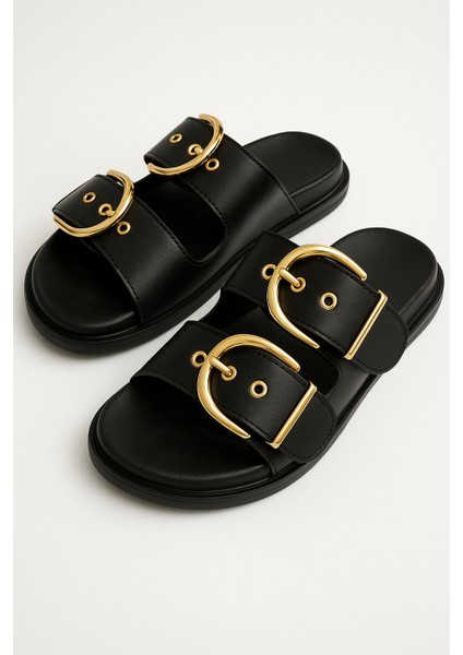 Altın Toka Detaylı Rahat Kalın Taban Yazlık Kadın Terlik Şık Konforlu modelleri