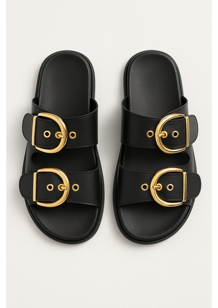 Altın Toka Detaylı Rahat Kalın Taban Yazlık Kadın Terlik Şık Konforlu fırsatları