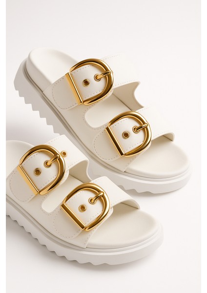 Altın Toka Detaylı Rahat Kalın Taban Yazlık Kadın Terlik Şık Konforlu