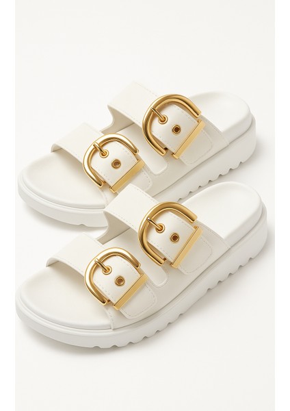 Altın Toka Detaylı Rahat Kalın Taban Yazlık Kadın Terlik Şık Konforlu modelleri