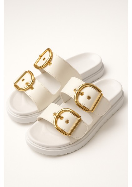 Altın Toka Detaylı Rahat Kalın Taban Yazlık Kadın Terlik Şık Konforlu fırsatları