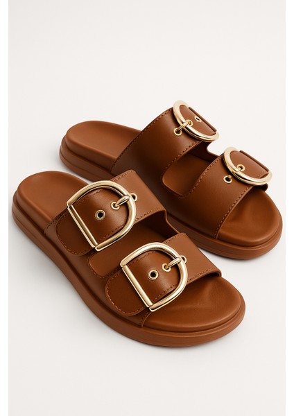 Altın Toka Detaylı Rahat Kalın Taban Yazlık Kadın Terlik Şık Konforlu