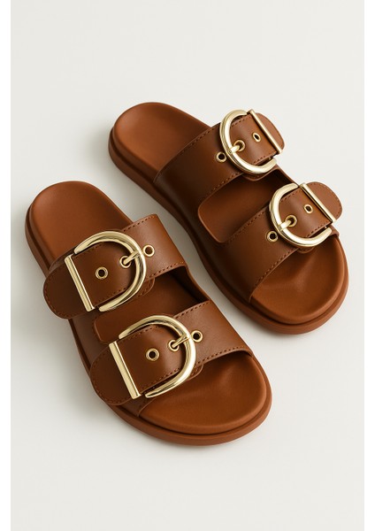 Altın Toka Detaylı Rahat Kalın Taban Yazlık Kadın Terlik Şık Konforlu modelleri