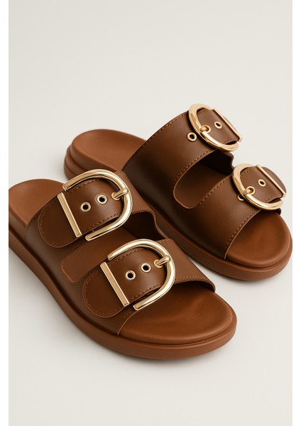 Altın Toka Detaylı Rahat Kalın Taban Yazlık Kadın Terlik Şık Konforlu indirimleri