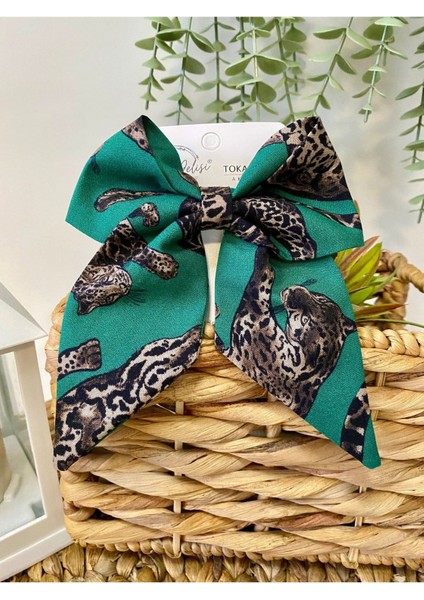 Zümrüt Yeşili Vahşi Leopar Desenli Otomatik Fiyonk Toka, El Yapımı Toka, Klipsli, Kadin Toka modelleri